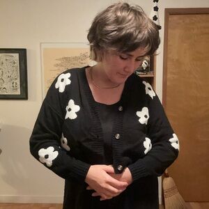 Black Cardigan with White Flowers Design
